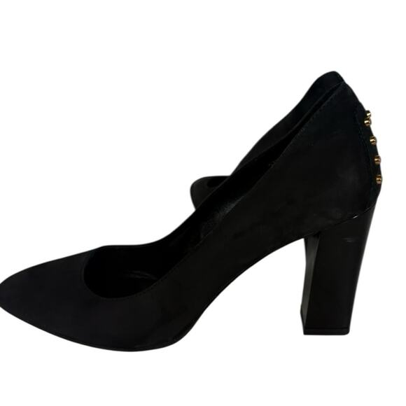 Tod's Black Nubuck Gold Studded Block Heel Round Toe Pumps Size 37 1/2  / 7.5 US - Picture 6 of 12